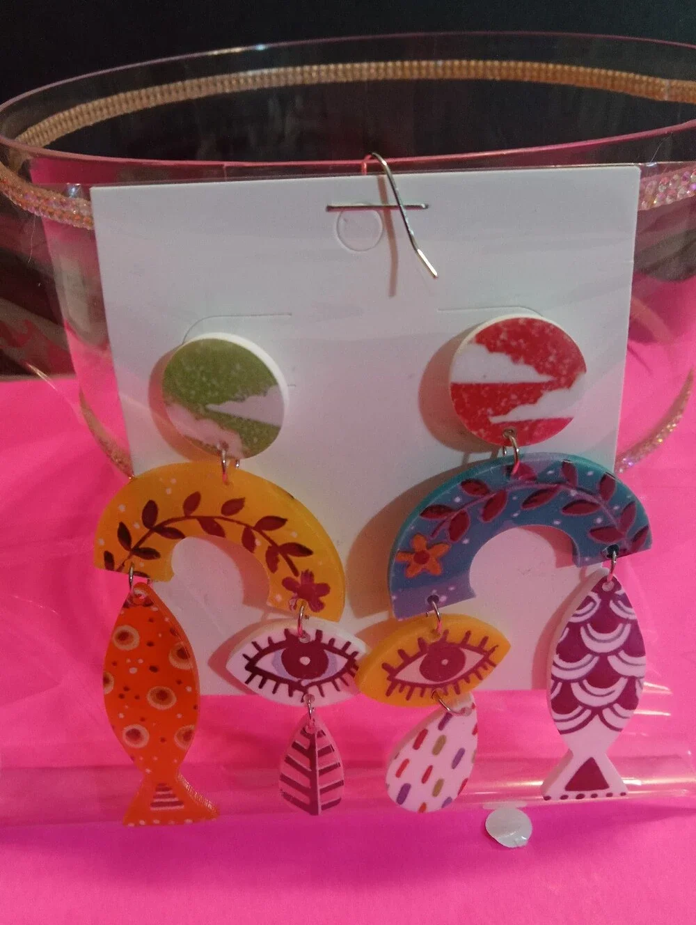 Colorful Fish & Eye Dangle Earrings - Yellow, Teal, Orange, White